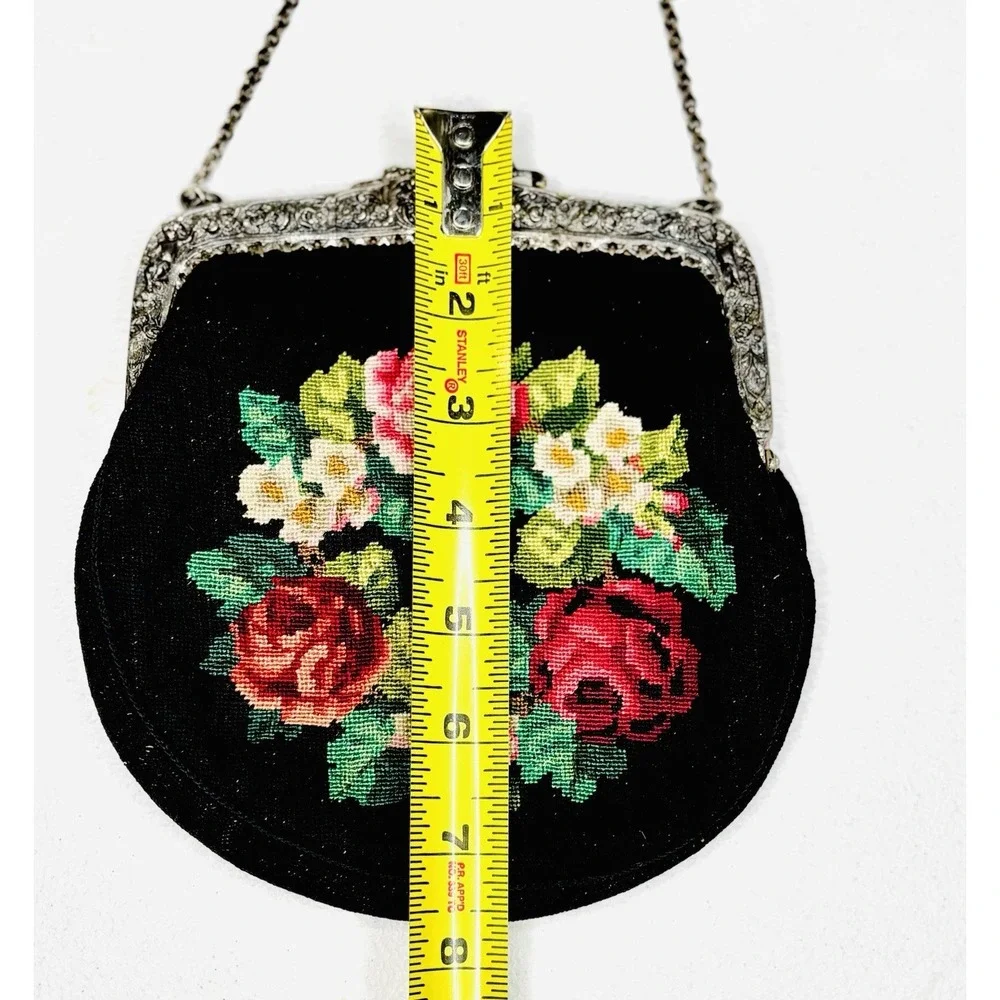1920s Needlepoint Purse Floral Rose Silver Repousse Frame Micro Petit Point